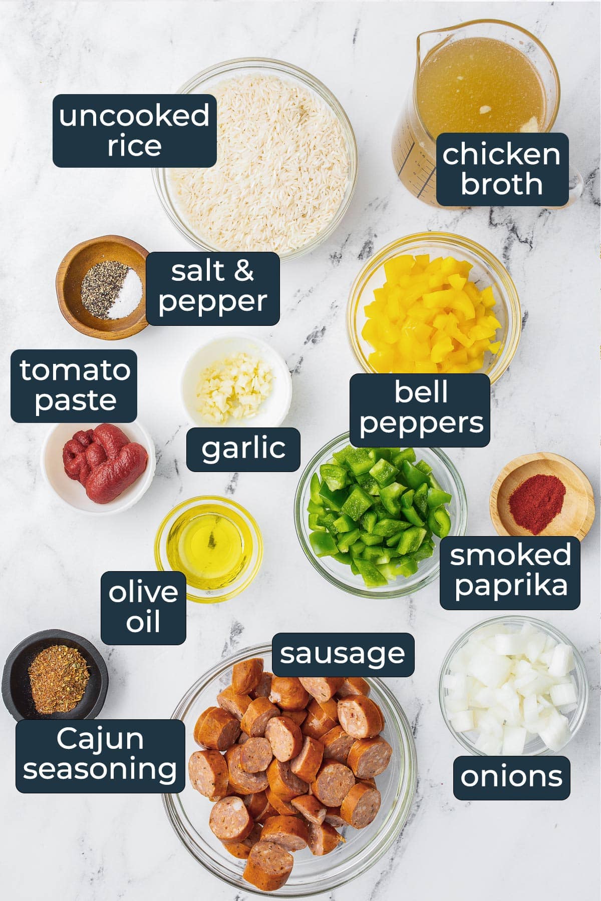 Ingredients to make smoked sausage and rice in prep bowls.